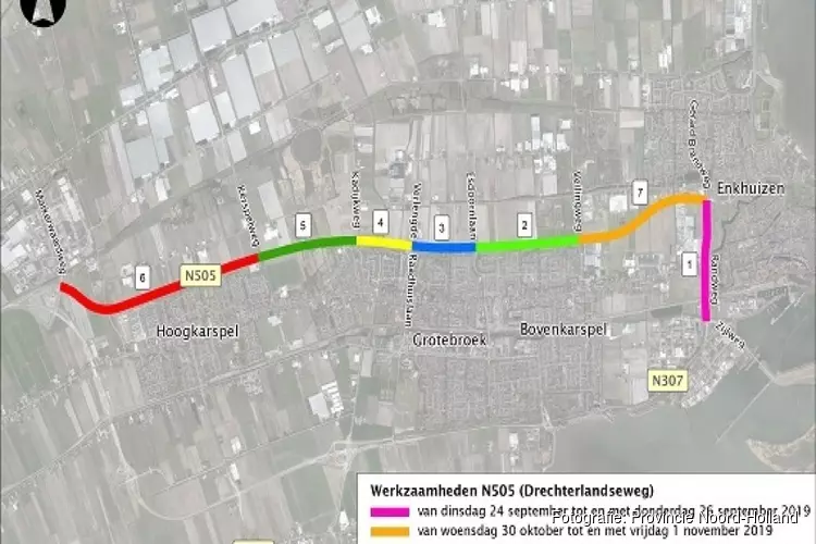 Provincie Noord-Holland start maandag met werkzaamheden aan N505 tussen Enkhuizen en Hoogkarspel