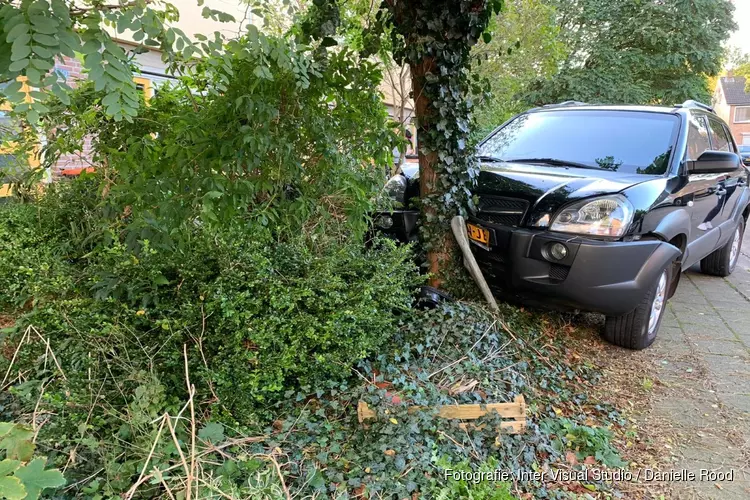 Auto tegen boom in voortuin in Grootebroek